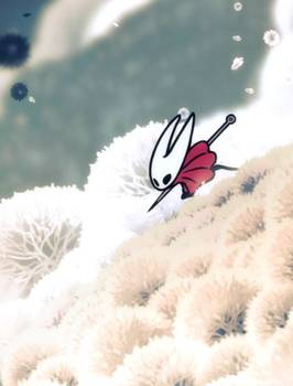 Hollow Knight Silksong's hornet glides down what appear to be white spores.
